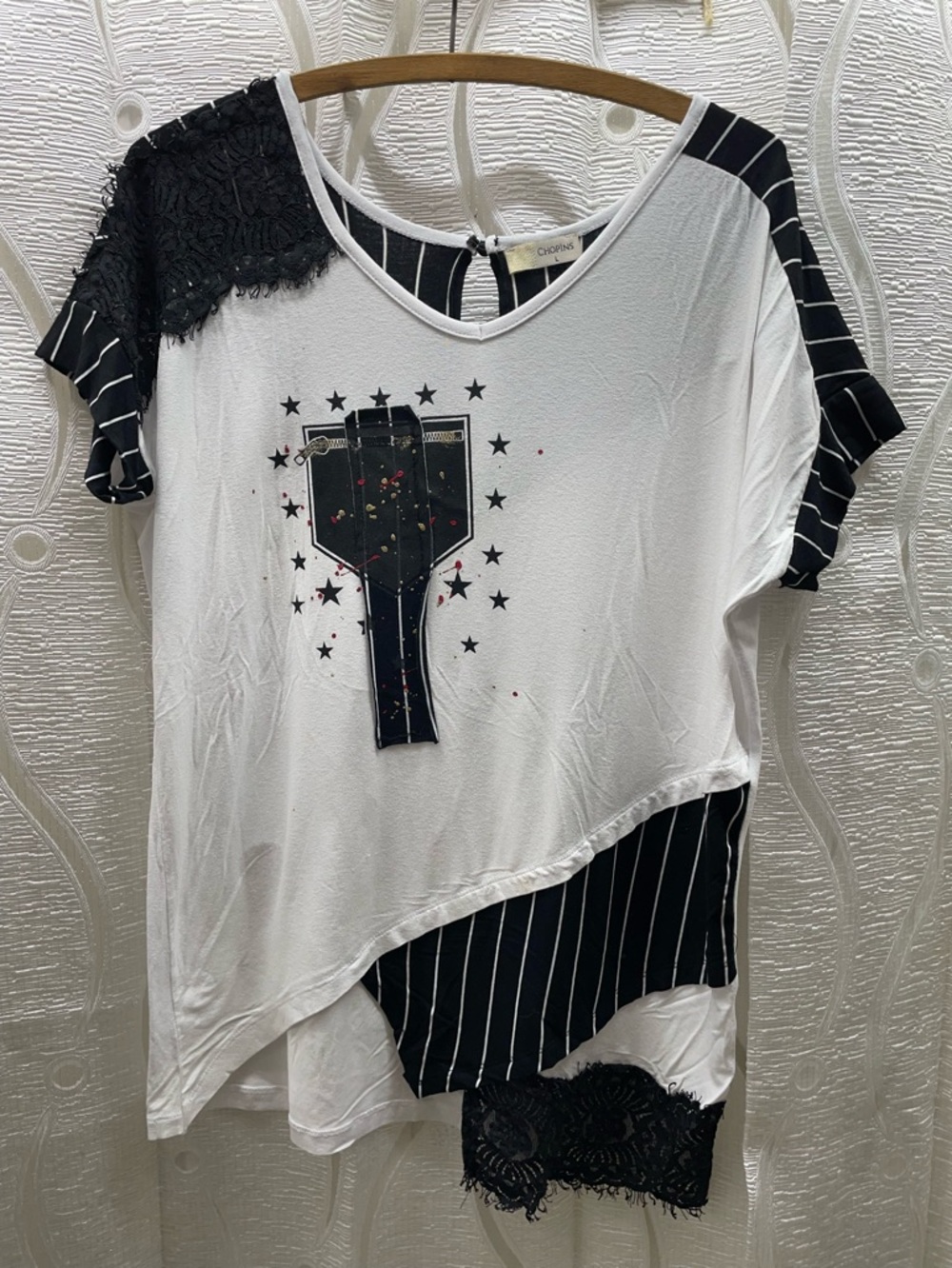 Chopins Asymmetrical Graphic Top Womens Large White Black Lace Star‎ Punk Good